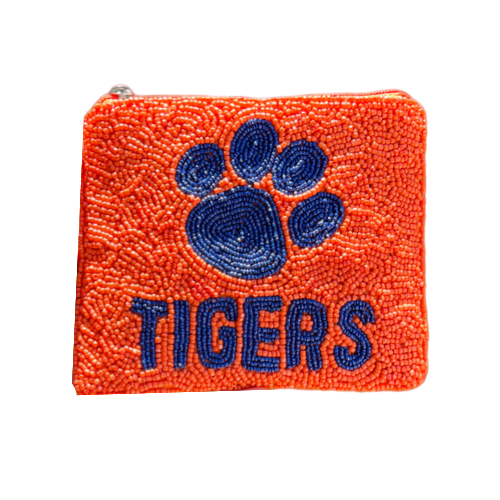 Handcrafted "GO TIGERS" Beaded Coin Purse - Team Spirit Artisan Keychain Pouch for Coins, Keys, and Small Essentials