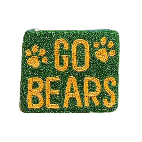 Handcrafted "GO BEARS" Beaded Coin Purse - School Spirit Artisan Keychain Pouch for Coins, Keys, and Small Essentials