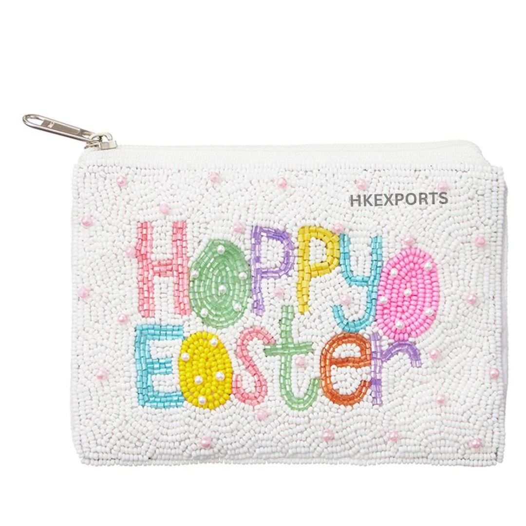Handmade Pastel Bunny & Egg Happy Easter Beaded Coin Purse