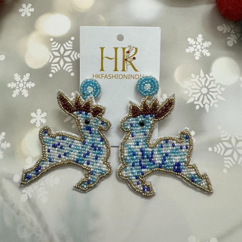 Handmade Beaded Christmas Earring - Blue Reindeer Holiday Jewelry