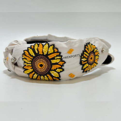 White Petal Radiance Handmade Beaded Sunflower Headband