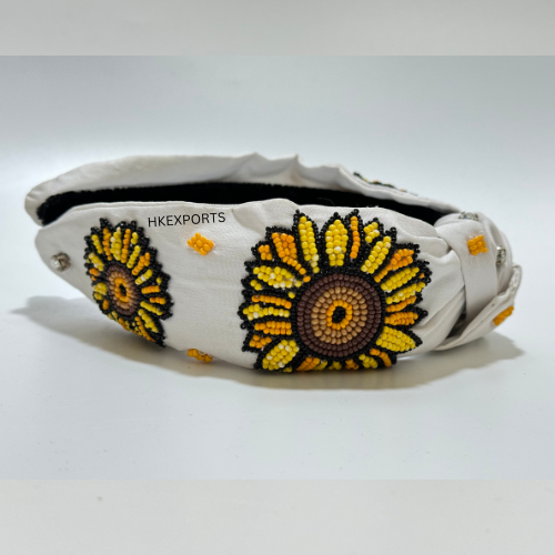 White Petal Radiance Handmade Beaded Sunflower Headband