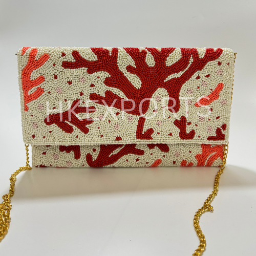 Seraphic Snowfall: Luxurious White and Red Beaded Purse with Hand-Embroidered Elegance