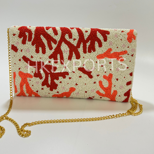 Seraphic Snowfall: Luxurious White and Red Beaded Purse with Hand-Embroidered Elegance