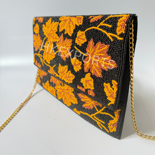 Sunlit Serenity Bohemian Yellow Leafs Beaded Purse – Radiant Nature-Inspired Elegance