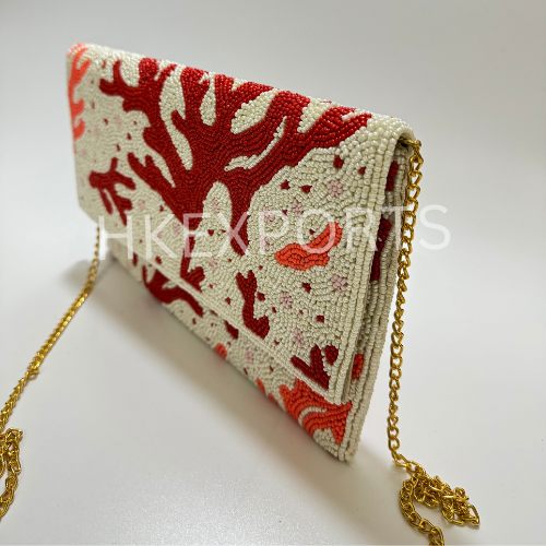 Seraphic Snowfall: Luxurious White and Red Beaded Purse with Hand-Embroidered Elegance