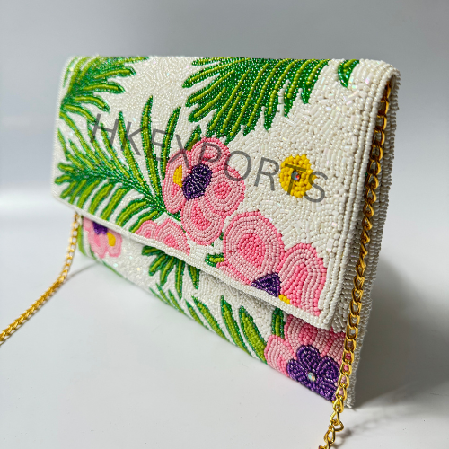 Mystic Meadow Bohemian Green Leaf and Pink Flower Beaded Purse