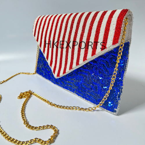 Patriotic Pride USA Flag Beaded Purse - Handcrafted Red, White, and Blue Statement Bag for American Fashion Enthusiasts