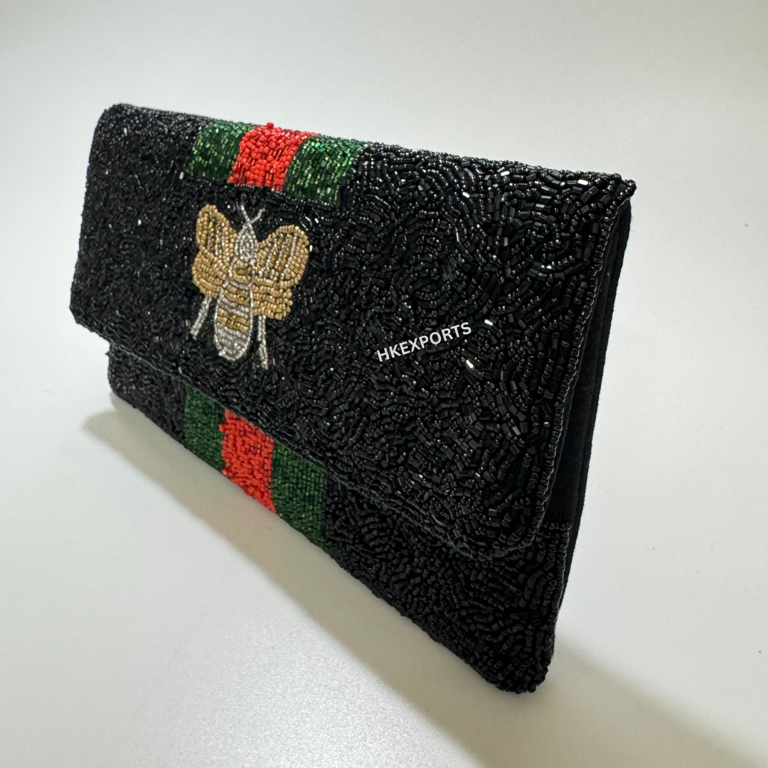 Regal Elegance: Black and Gold Beaded Clutch with Intricate Bee Embellishment