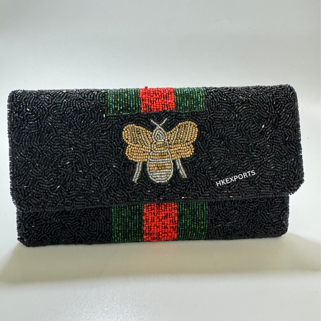 Regal Elegance: Black and Gold Beaded Clutch with Intricate Bee Embellishment