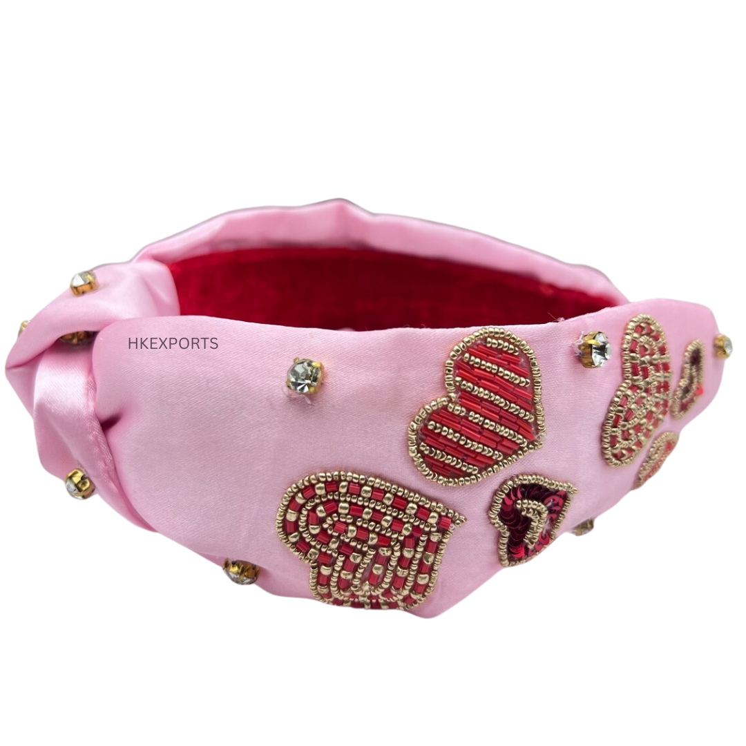 Sweetheart Valentine's Day Vibes Beaded Headband: Pink, Red, and Gold Hearts for a Radiant Love Celebration