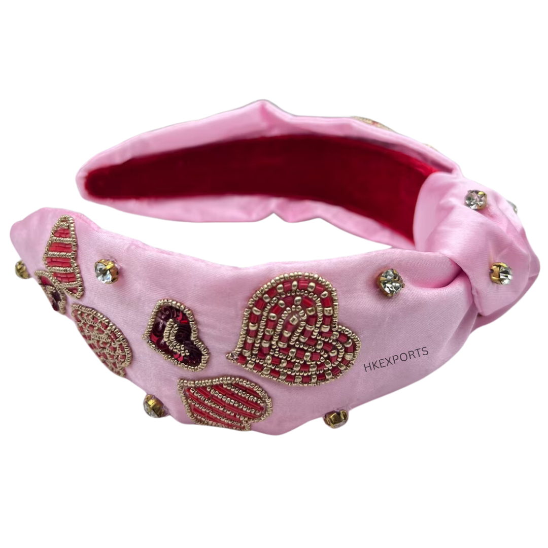 Sweetheart Valentine's Day Vibes Beaded Headband: Pink, Red, and Gold Hearts for a Radiant Love Celebration
