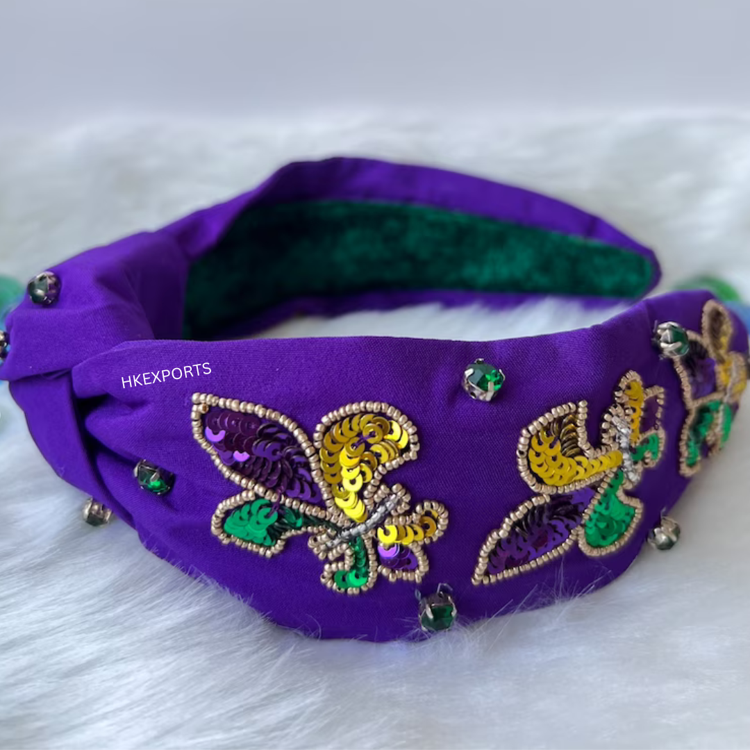 Handcrafted Mardi Gras Headband in Purple, Gold, and Green: Sequins and Beads for a Festive Flair!
