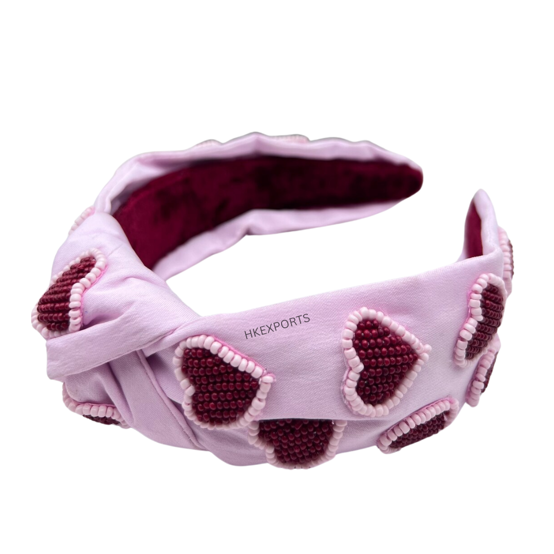 Handcrafted Valentine's Day Beaded Headband: Adorned with Pink and Red Hearts for a Romantic Touch