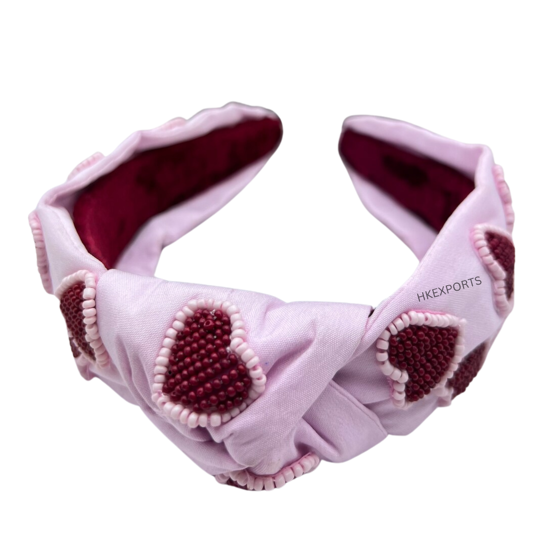 Handcrafted Valentine's Day Beaded Headband: Adorned with Pink and Red Hearts for a Romantic Touch