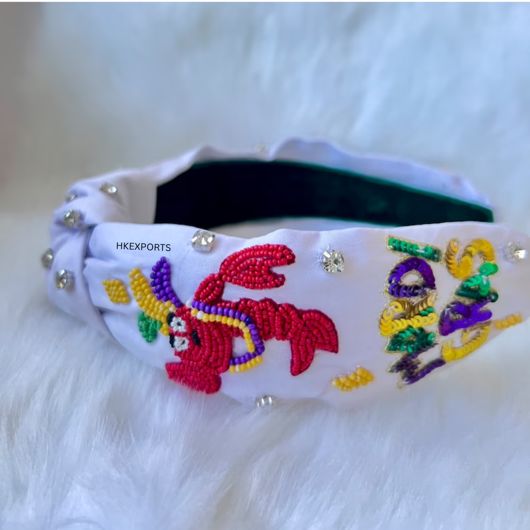 Sparkling White Mardi Gras Headband - Elegant Sequins and Beads for a Glamorous Carnival Look
