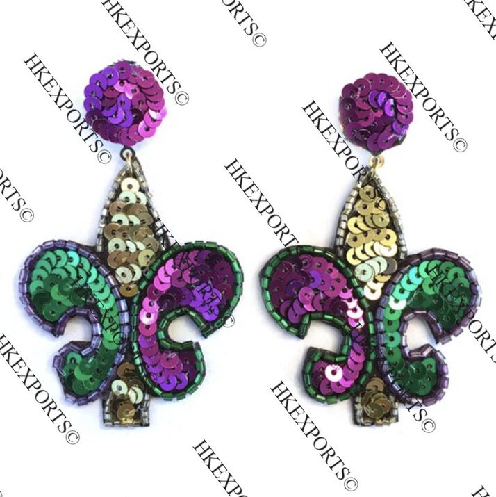 Purple, Green & Gold Fleur de Lis Sequin Earrings