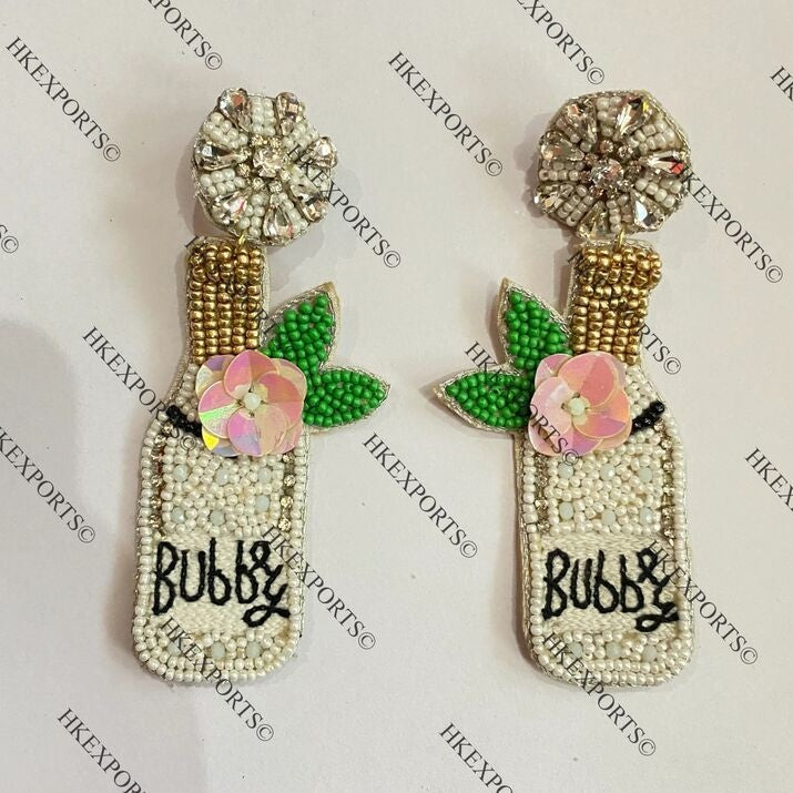 Champagne Bridal Floral White & Gold Beaded Earrings