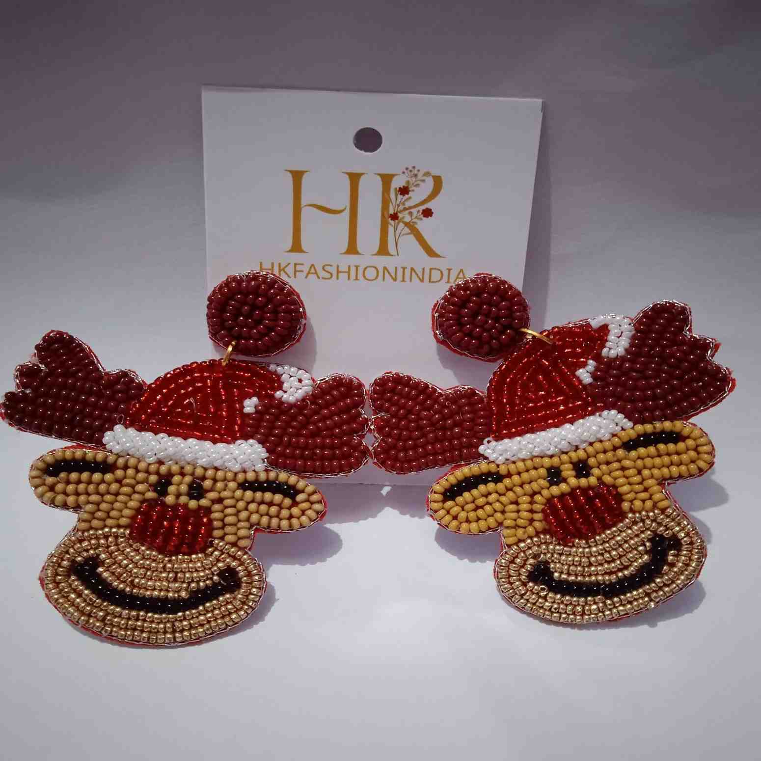 Reindeer Head Christmas Beaded Earrings