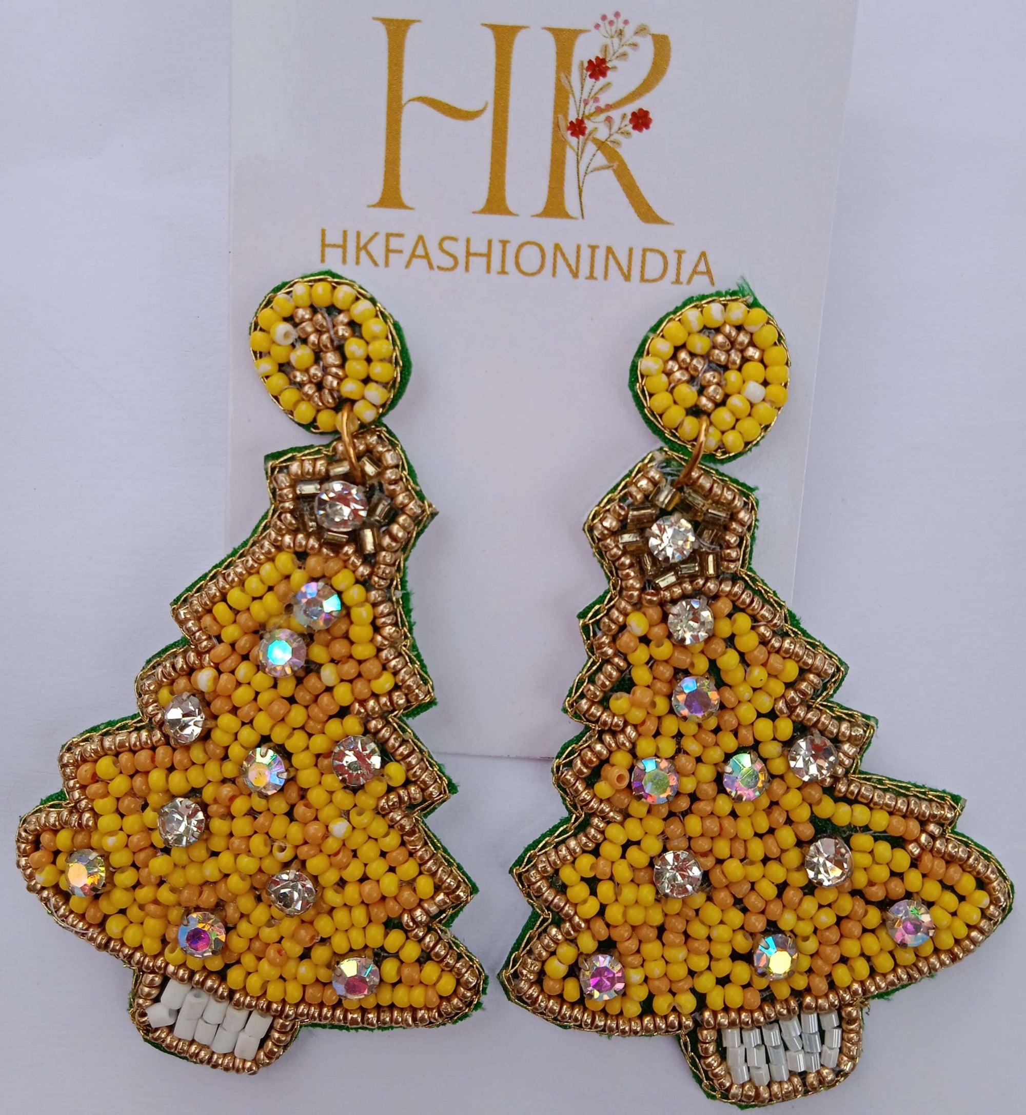 Radiant Yellow Christmas Tree Beaded Earrings - Festive Holiday Cheer for Stylish Celebrations