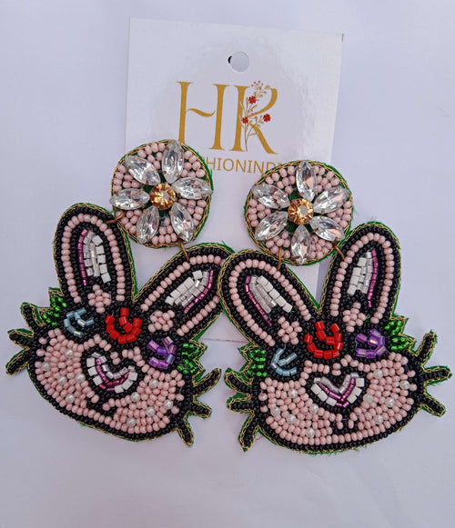 Adorable Pink & Red Beaded Bunny Earrings
