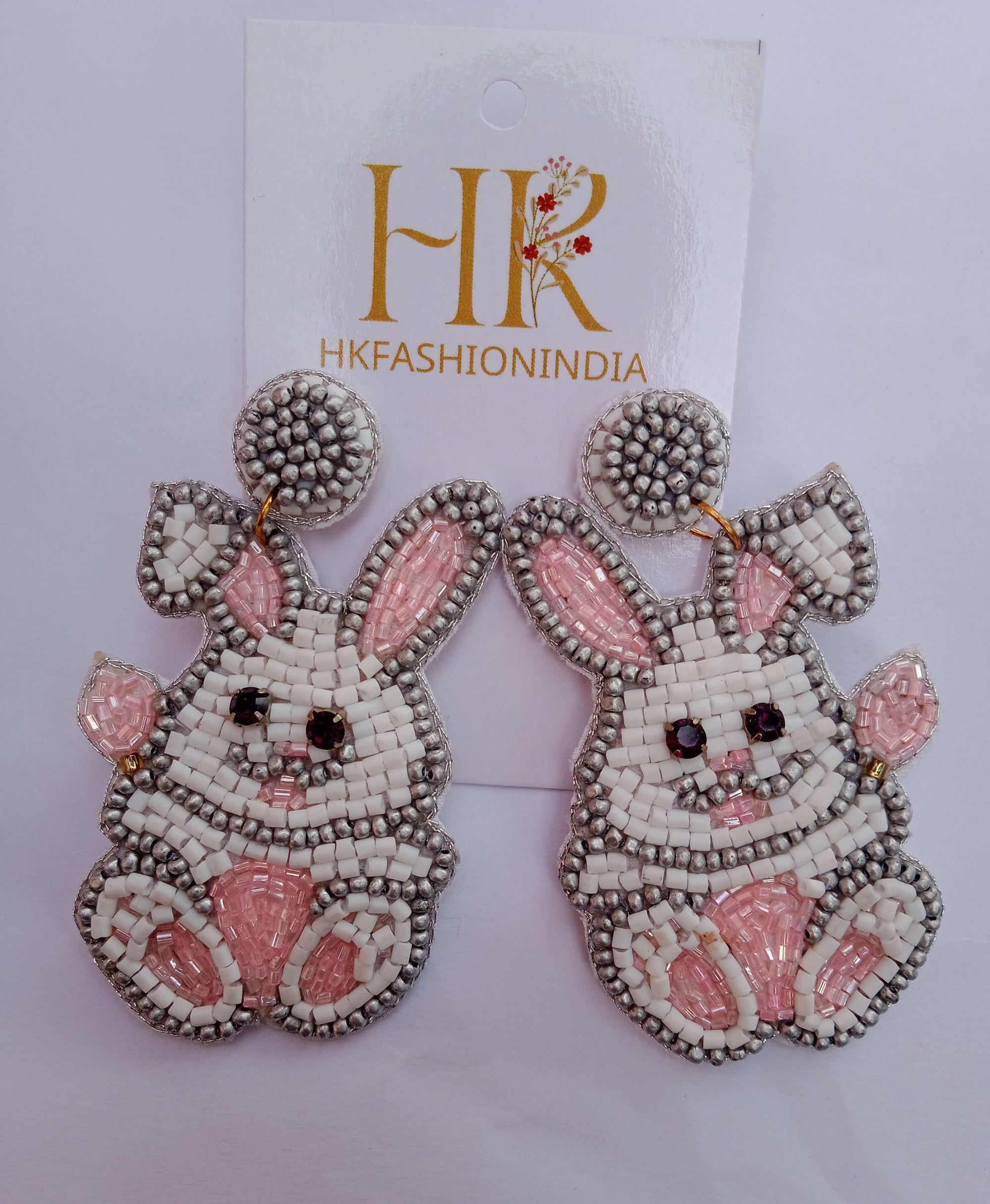 Bunny Whispers Beaded Earrings - Handmade Beaded Delight in Pink and White