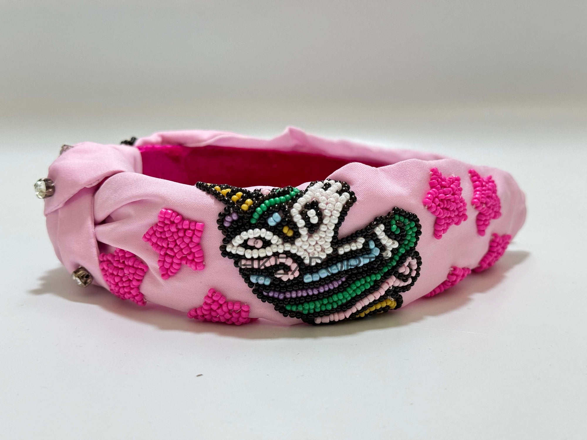 Elegance in Beads: Pink and White Rhino Handmade Beaded Headband