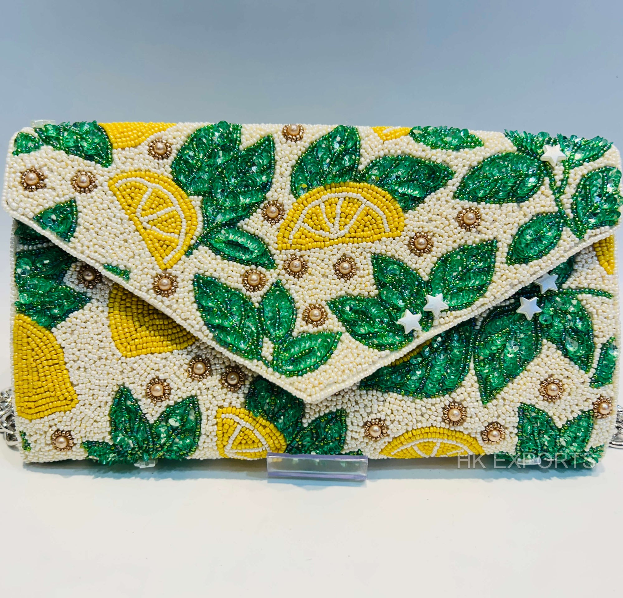 Lemon & Leaf Beaded Clutch Bag, Handmade Seed Bead Summer Purse