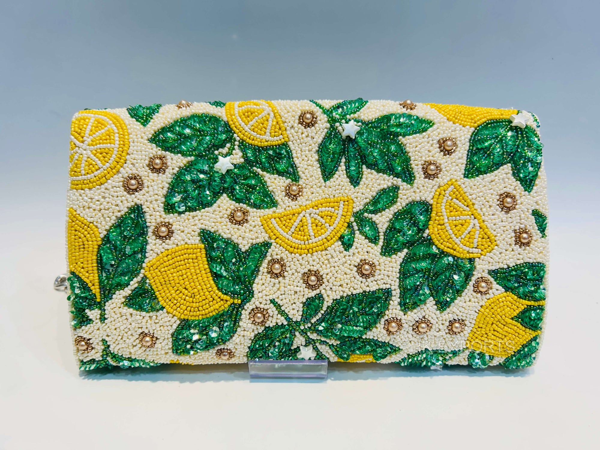 Lemon & Leaf Beaded Clutch Bag, Handmade Seed Bead Summer Purse