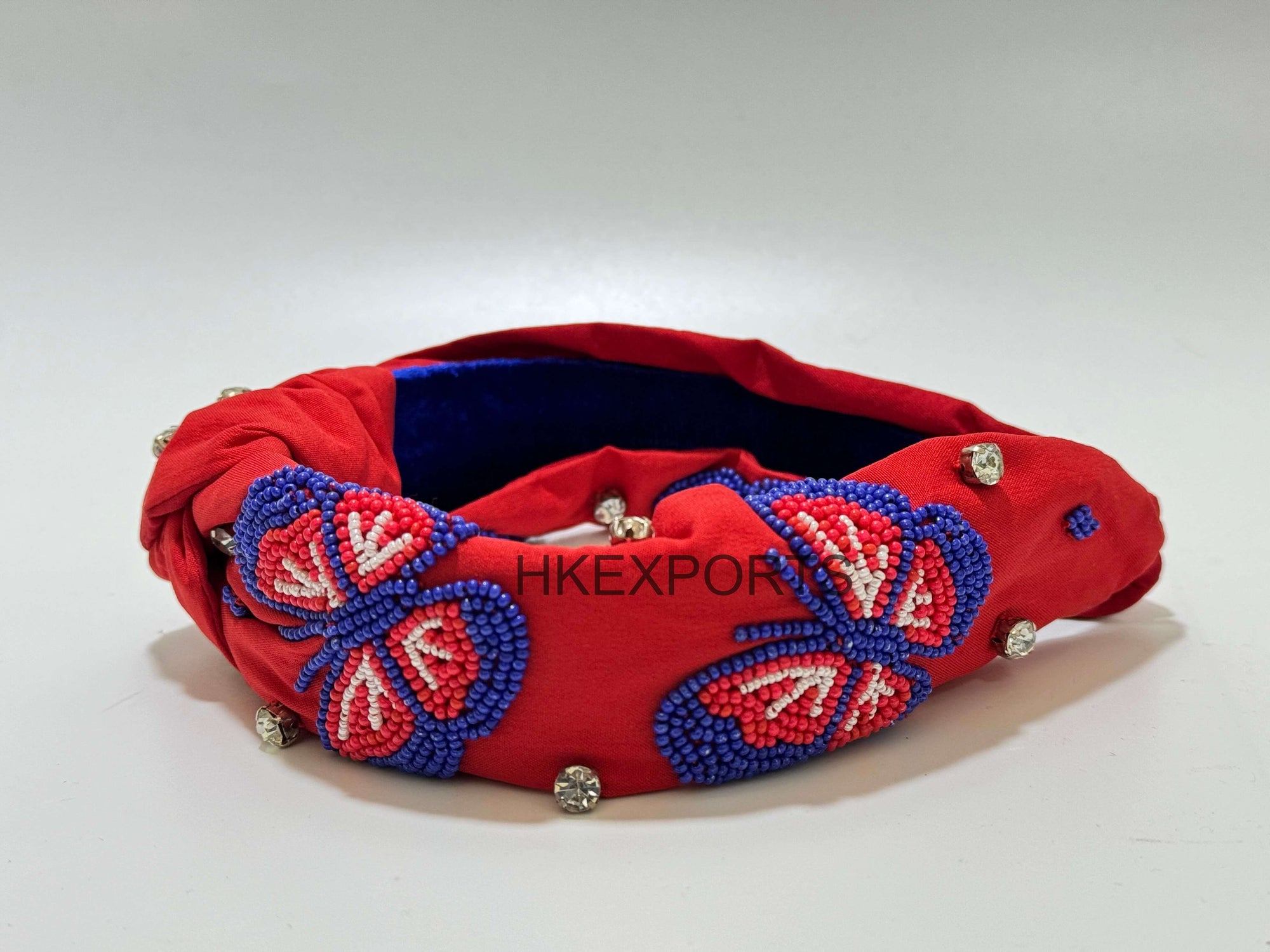 Fluttering Elegance: Red and Blue Butterfly Handmade Beaded Headband
