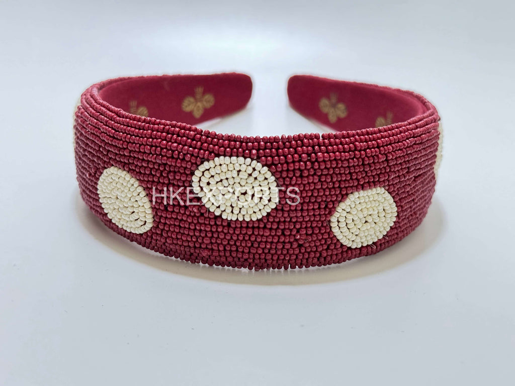 Ethereal Blooms Maroon and White Embroidered-and-Beaded Floral Headband