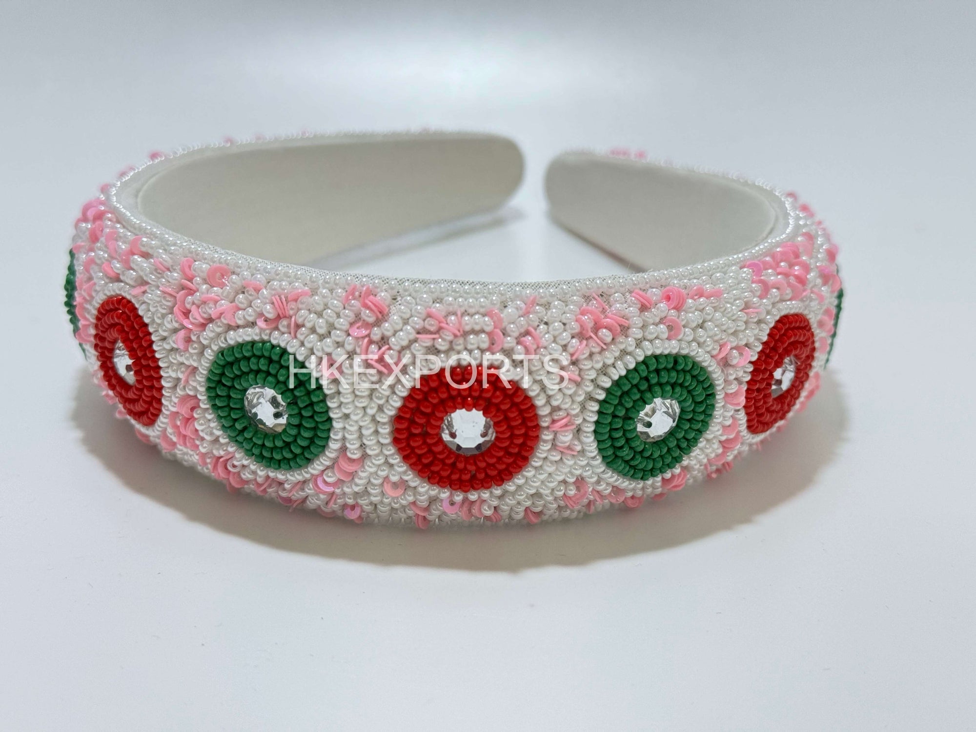 Enchanting Garden Pink, Red, and Green Embroidered-and-Beaded Floral Headband