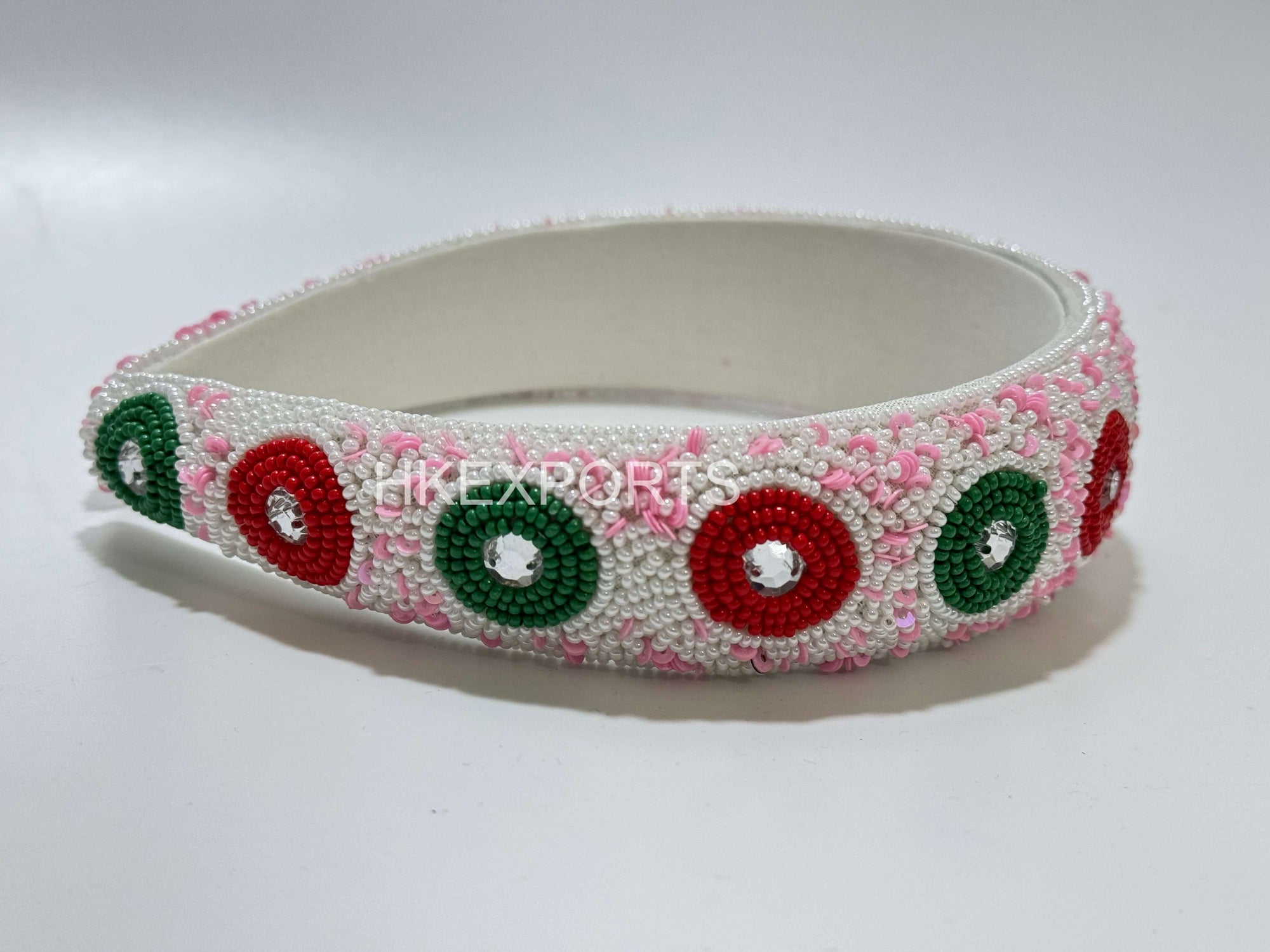 Enchanting Garden Pink, Red, and Green Embroidered-and-Beaded Floral Headband