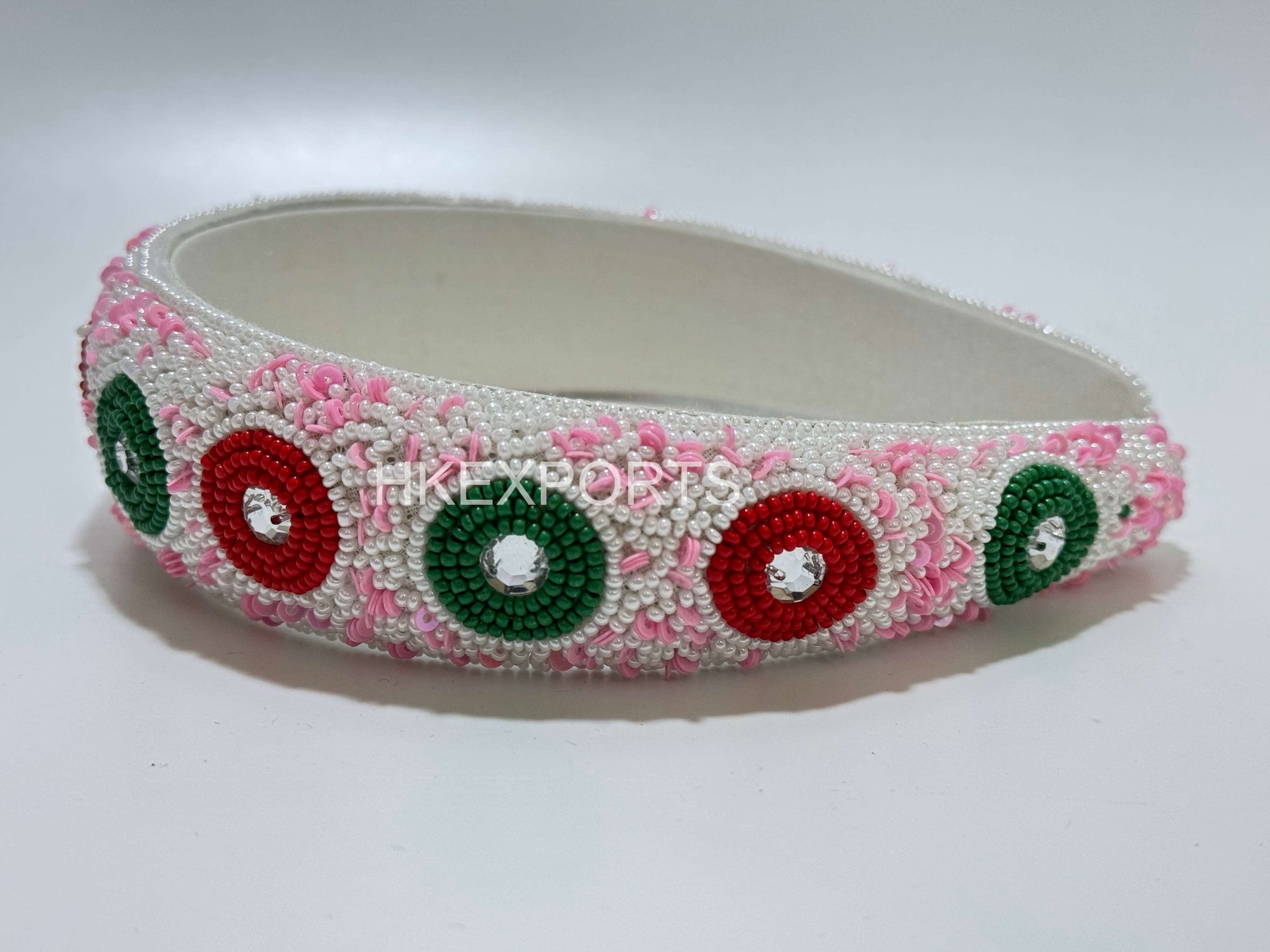 Enchanting Garden Pink, Red, and Green Embroidered-and-Beaded Floral Headband