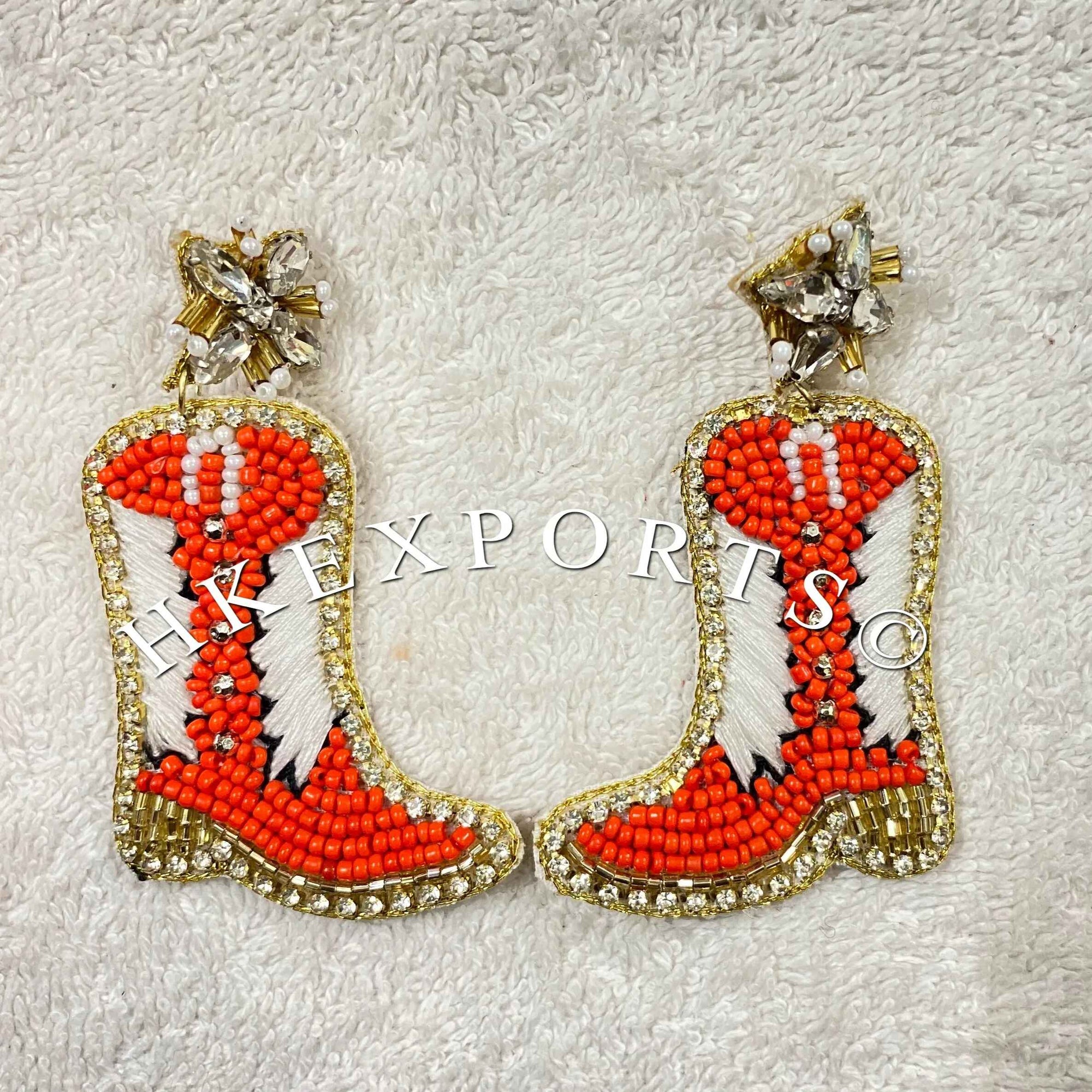 Cowboy Boots Rodeo Orange and White Seed Bead Earrings