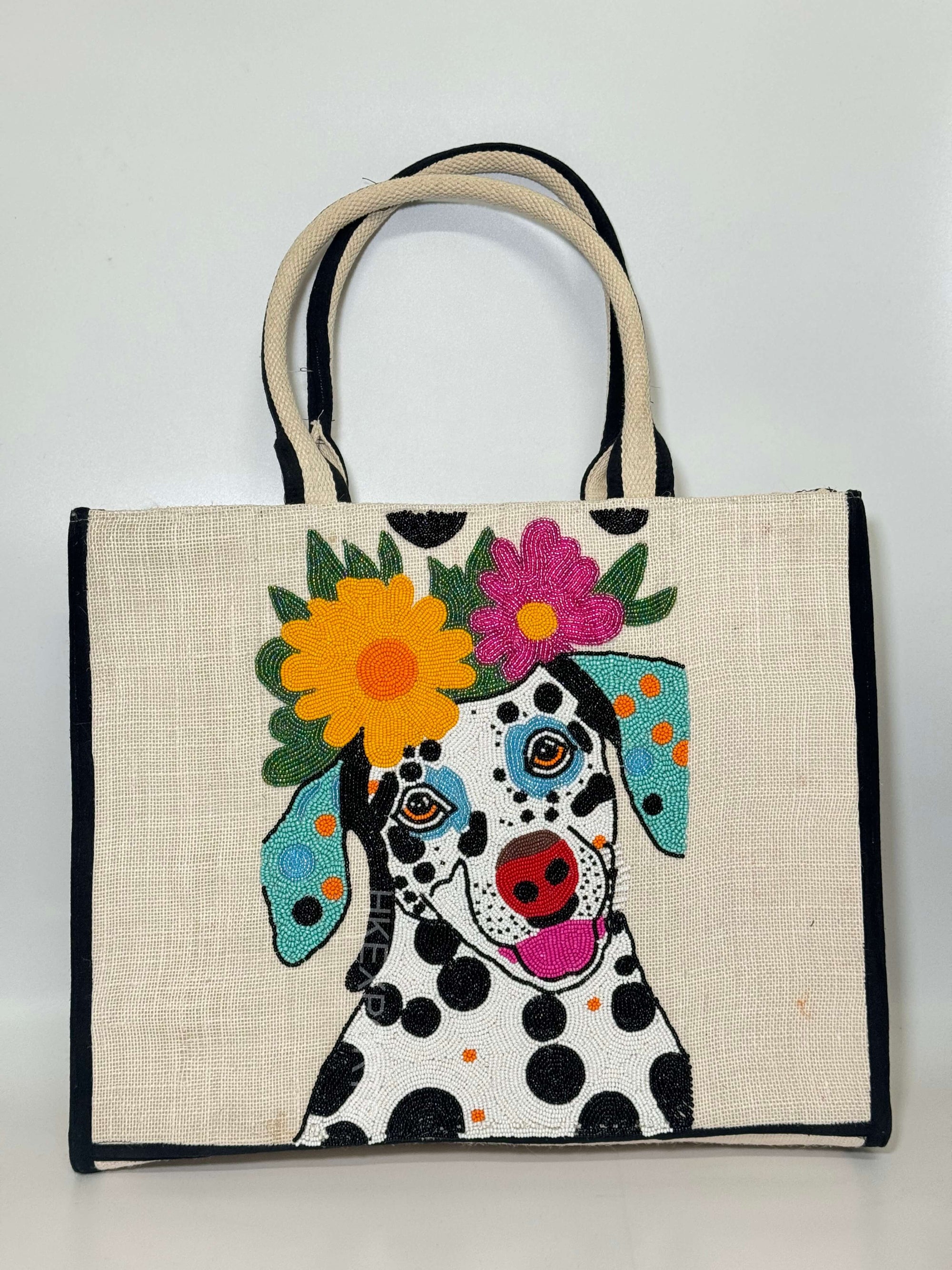 Puppy Love Sparkle: Hand-Beaded Dalmatian Print Tote Bag