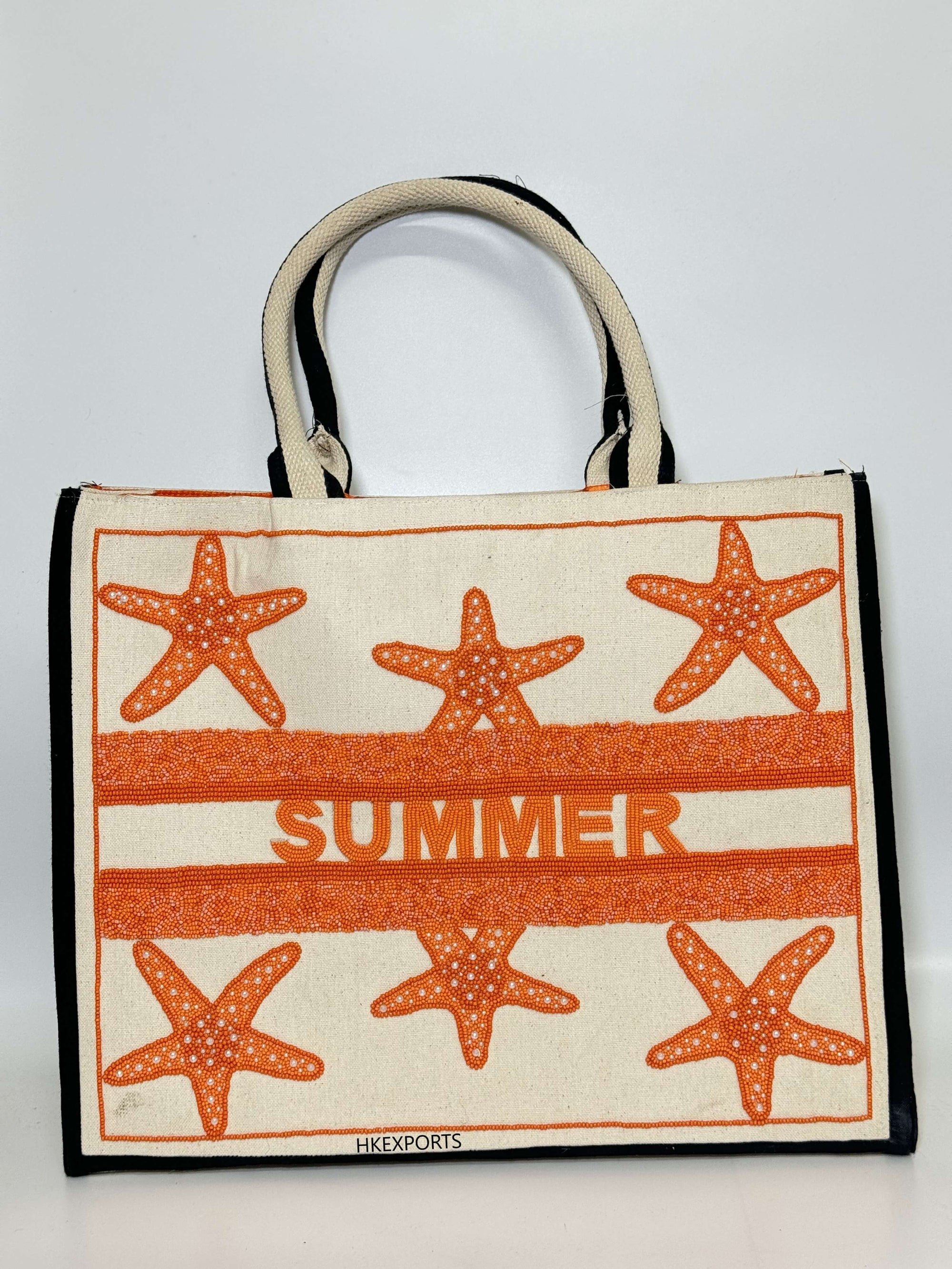 Handmade Orange Starfish Beaded Summer Tote Bag