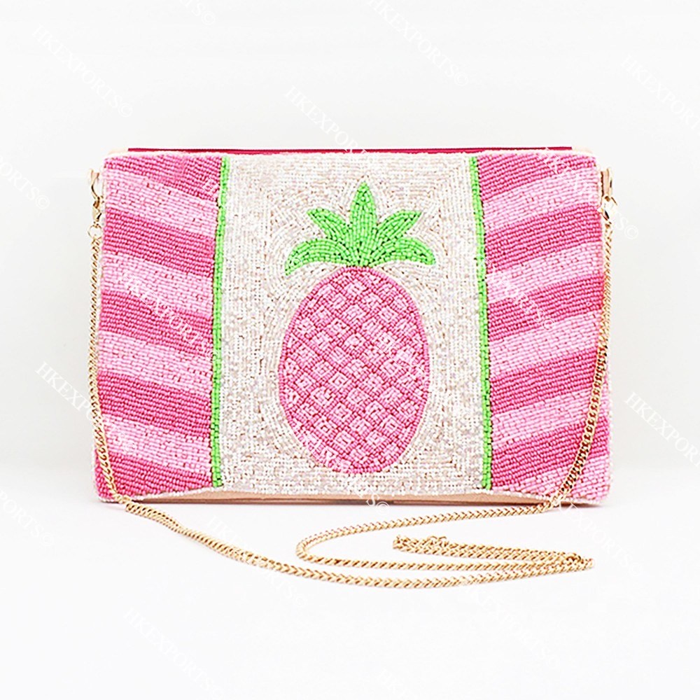 Pink and White Pineapple Handmade Beaded Handbag
