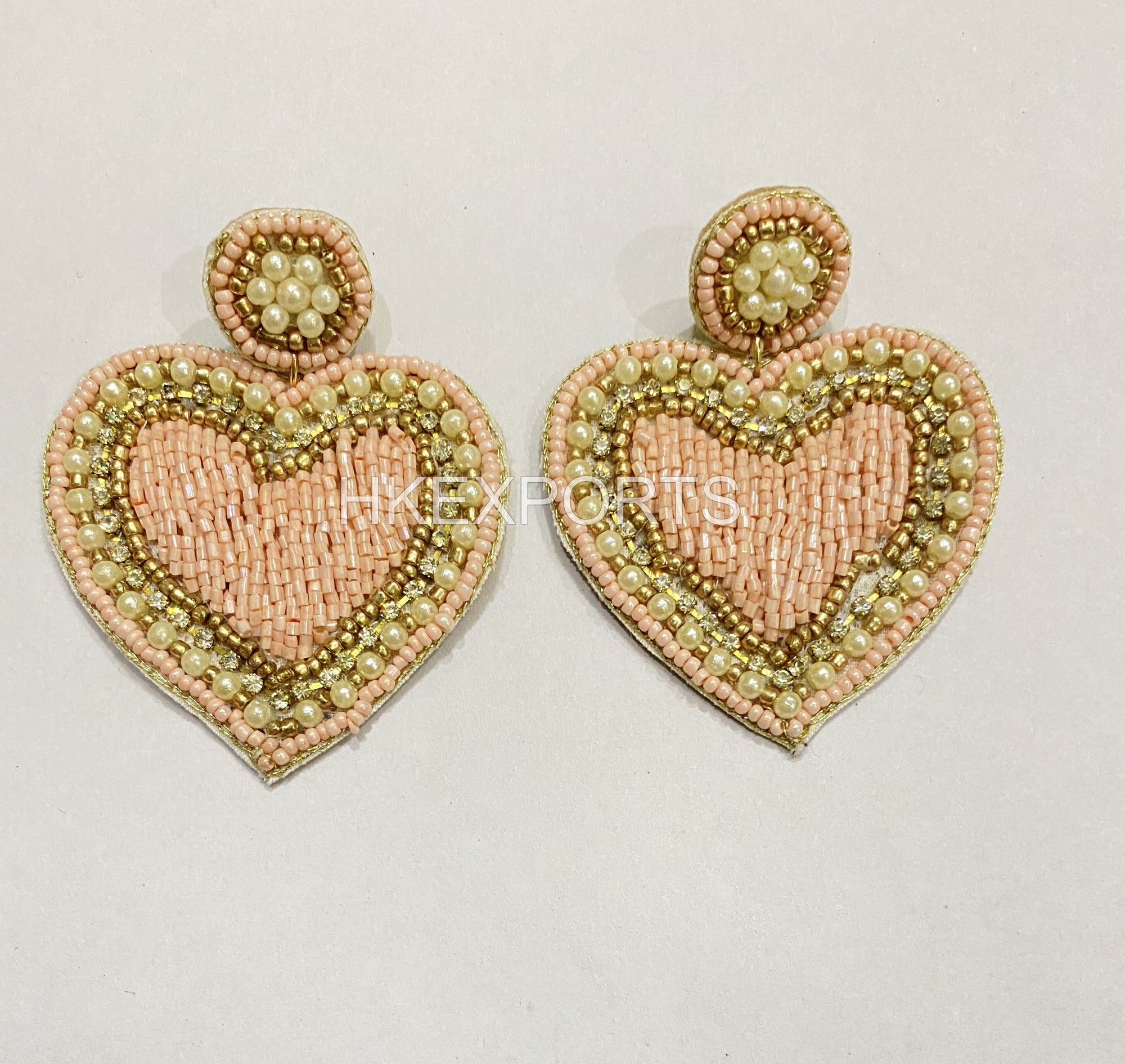 Handmade Heart-Shaped Beaded Earrings Pink & Gold Statement Jewelry