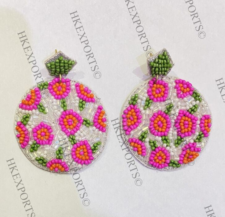 Pink Floral Beaded Earrings