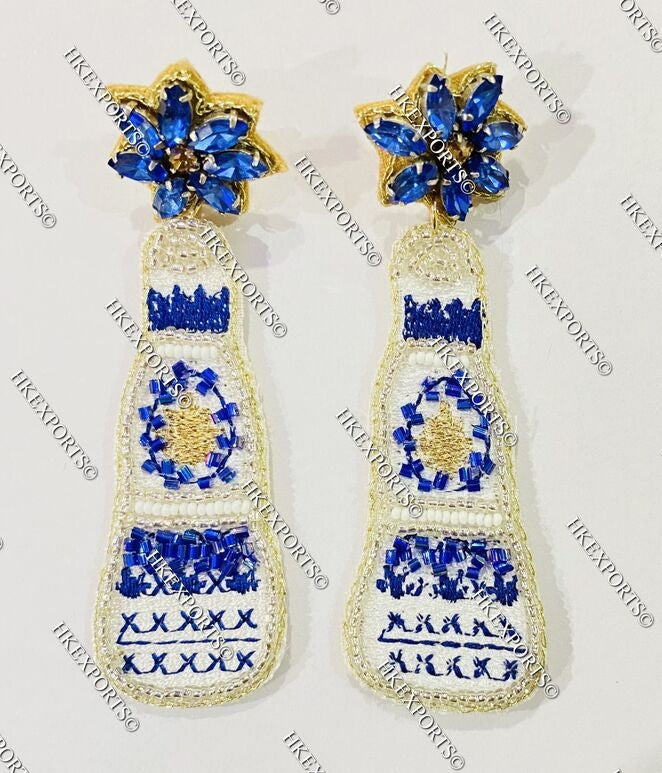 Blue and White Tequila Beaded Earrings
