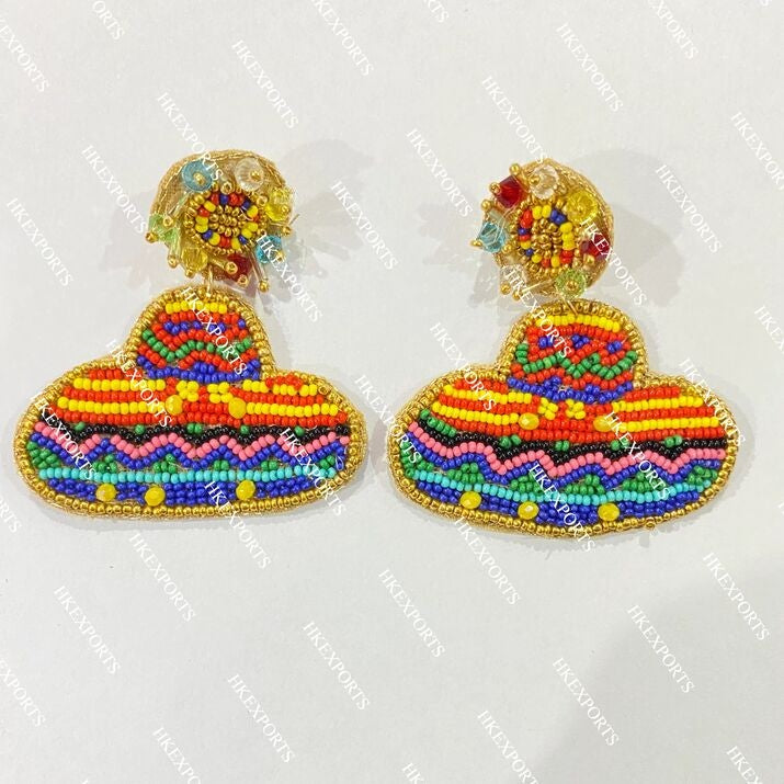 Handcrafted Beaded Sombrero Hat Earrings - Festive Mexican Style Dangle Earrings for Women