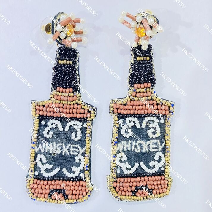 Handmade Beaded Whiskey Drink Bottle Earrings