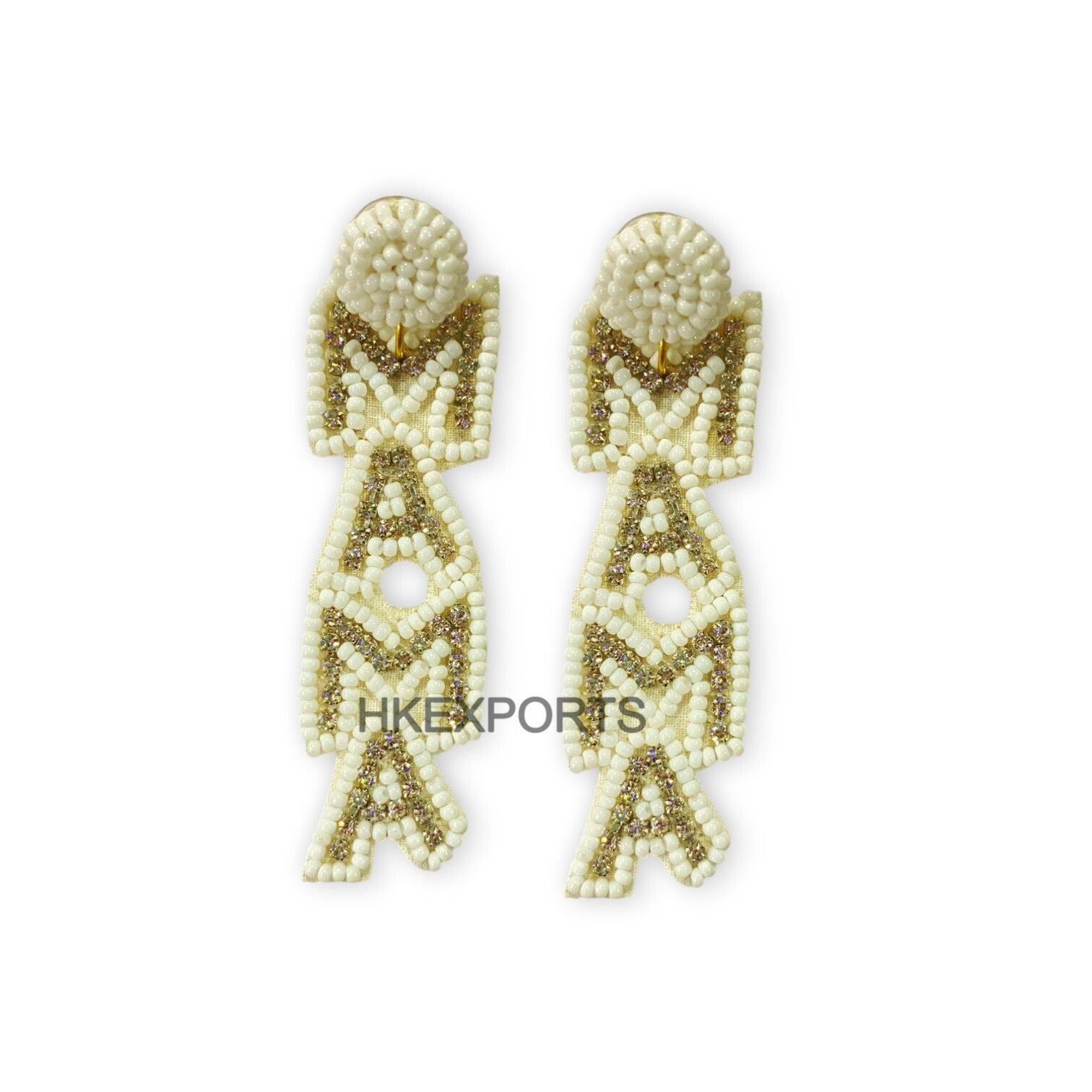 Handmade Peach and White Beaded MAMA Statement Earrings