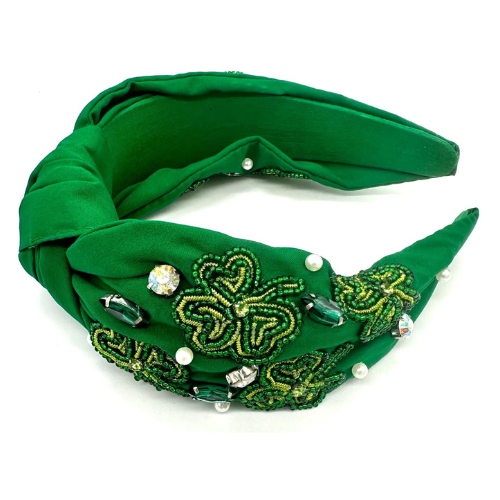 Festive Flair St. Patrick's Day Beaded Headband: Green Shamrocks & Pearls - Celebrate in Style!