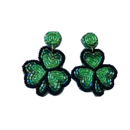Elegant Shamrock and Clover Green and Black Beaded Earrings for St. Patrick's Day Celebration