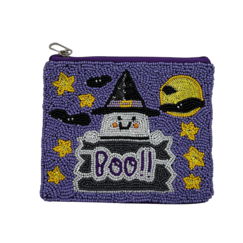 BOO Halloween Beaded Coin Purse - Spooky Handcrafted Accessory with Ghostly Elegance