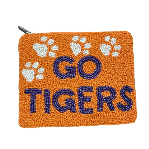 Handcrafted "GO TIGERS" Beaded Coin Purse - Team Spirit Artisan Keychain Pouch for Coins, Keys, and Small Essentials