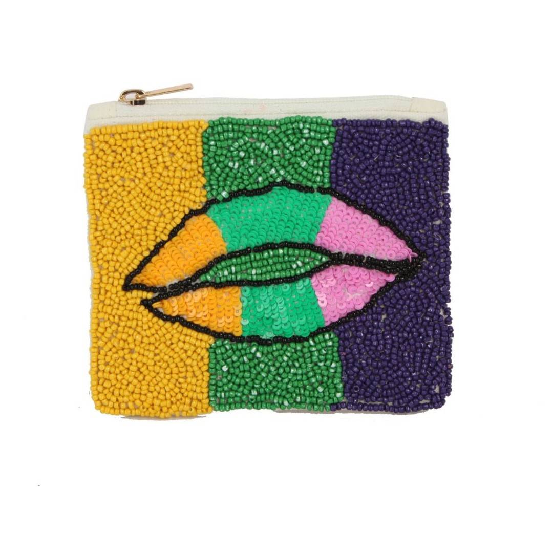 Mardi Gras Lips Seed Bead Coin Purse