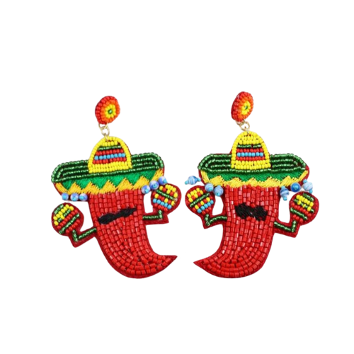 Beaded Sombrero Chili Pepper Earrings